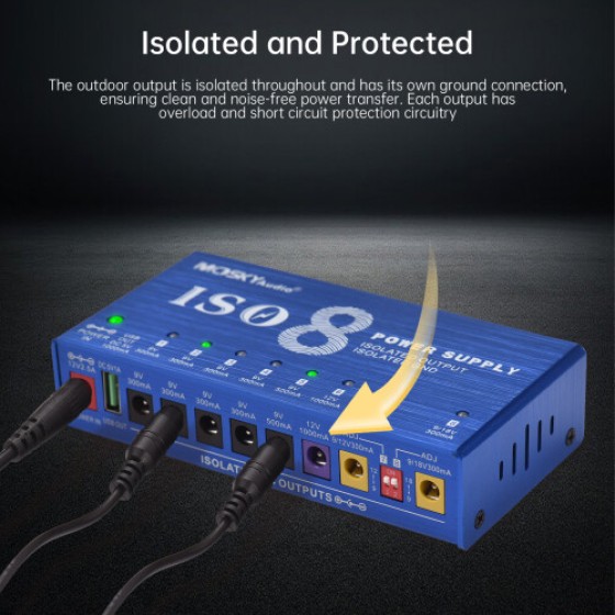 MOSKYAUDIO Catu Daya 9 Saluran 8 DC + 1 USB, Biru, Ukuran Kompak